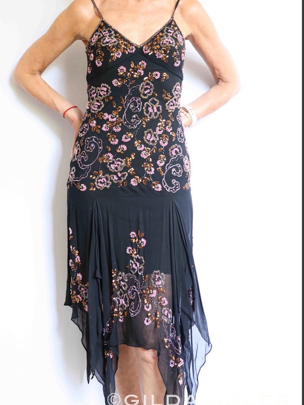 Sue Wong Floral Asymmetrical Slip Dress - Black with Pink & Gold Embroidery